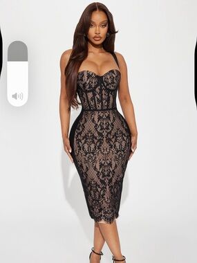 Fashion Nova Black Lace Overlay Nude Midi Dress